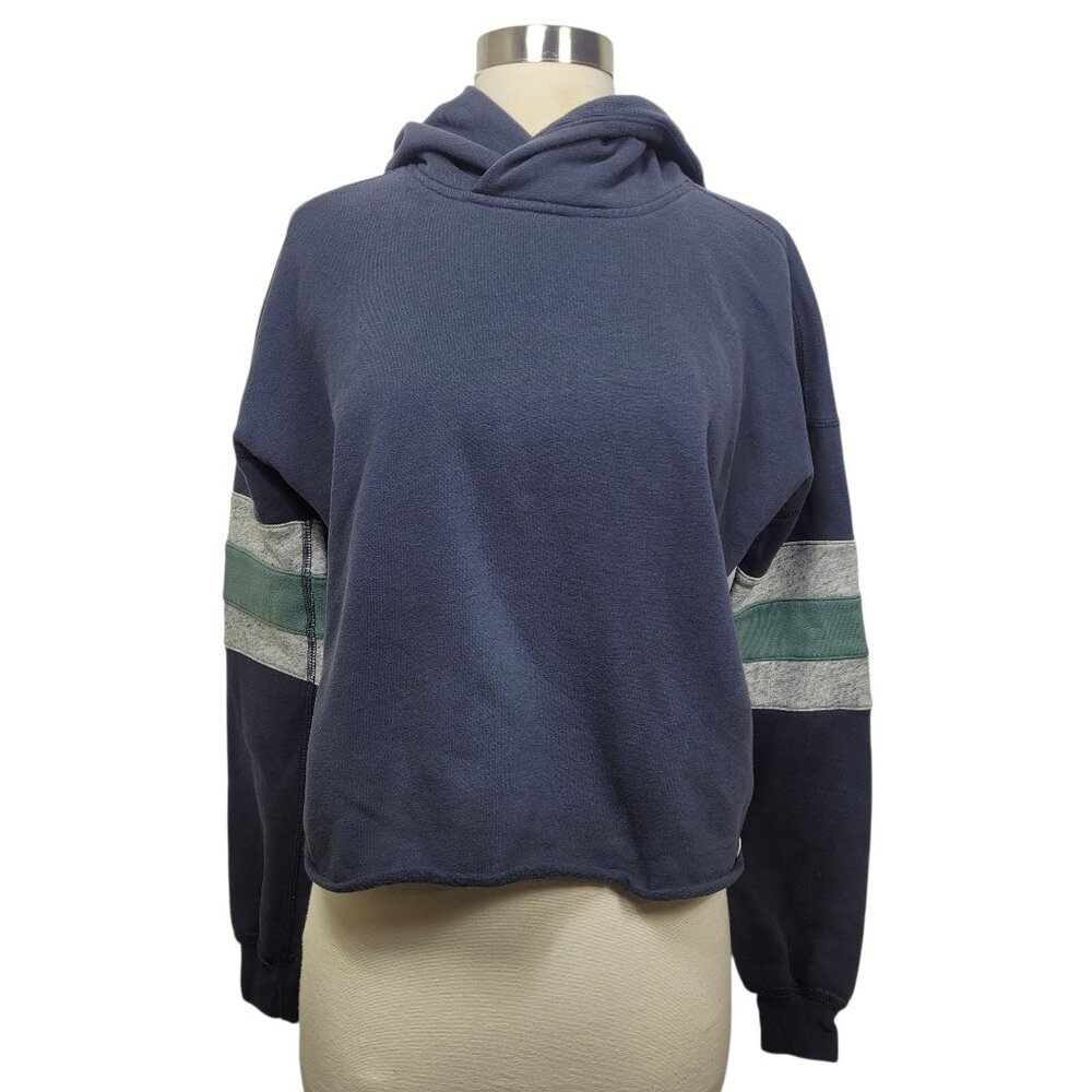 Abercrombie & Fitch Navy Blue Hoodie Sweatshirt XS Cropped Fit Striped Sleeve - Picture 1 of 10